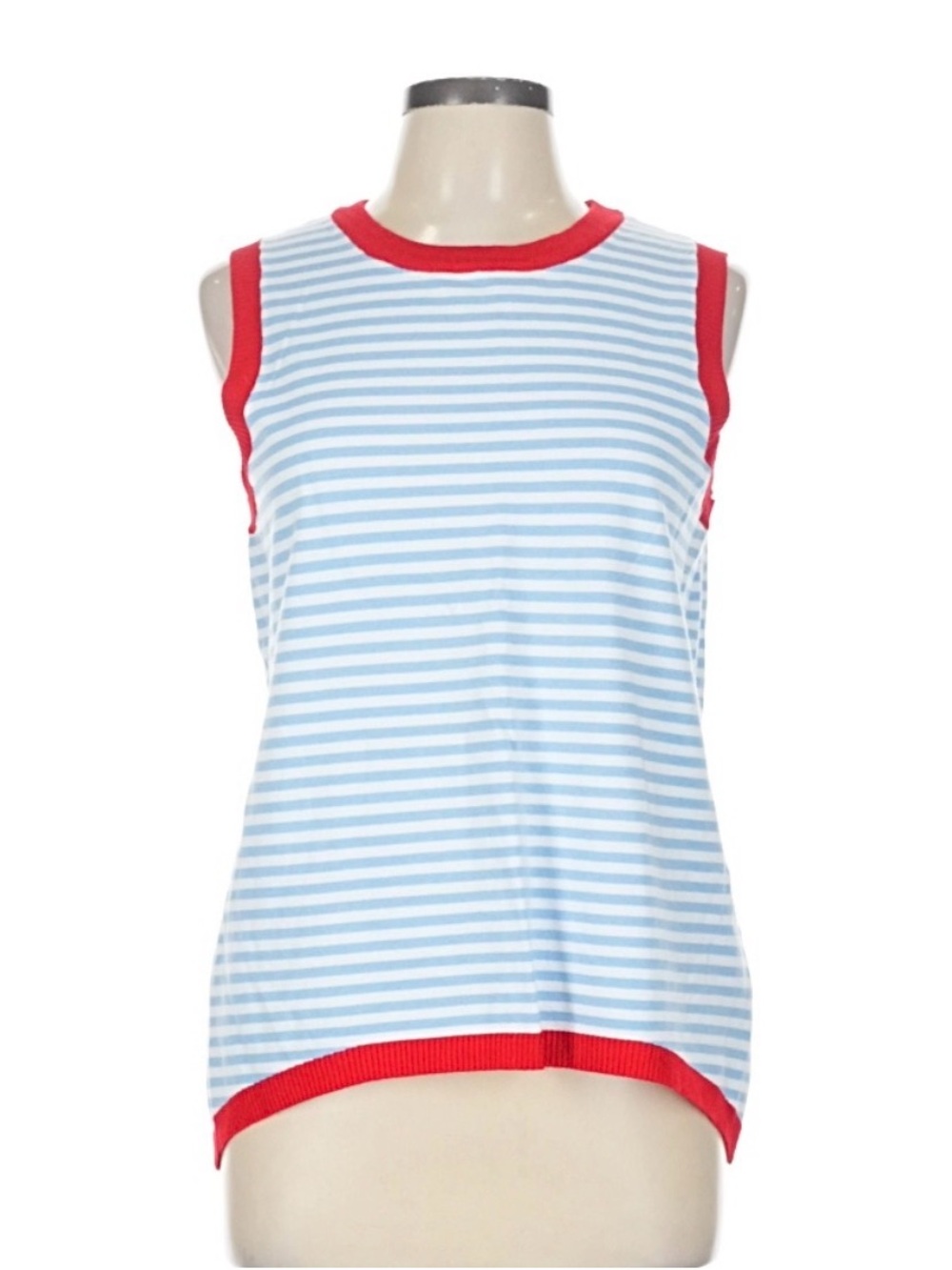Casual Blue & White Striped Tank with Red Trim